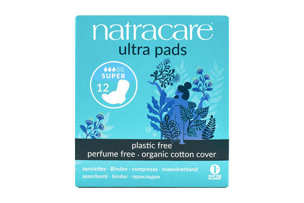 Natracare ultra pads box with blue floral art and plastic-free, organic cotton cover labeling.