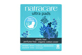Natracare ultra pads box with blue floral art and plastic-free, organic cotton cover labeling.