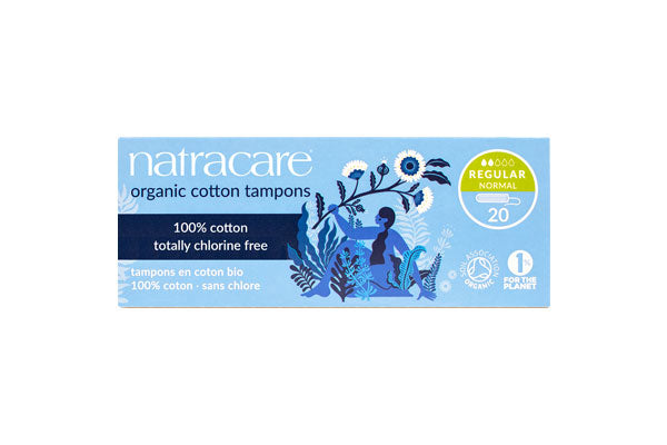 Natracare regular organic cotton non-applicator tampons 20 count box.