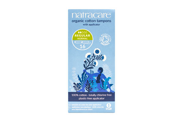 Natracare regular organic cotton applicator tampons 16 count box.
