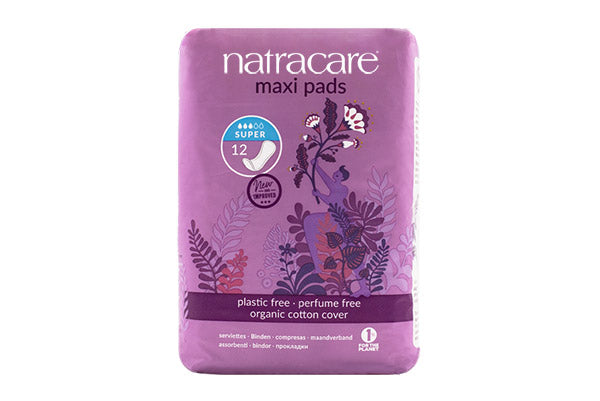 Natracare super organic cotton maxi pads 12 count pack.