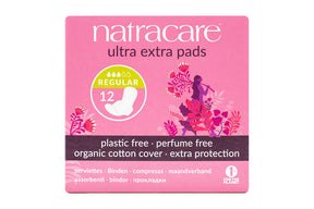 Natracare regular ultra extra organic cotton pads 12 count box.
