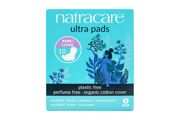 Natracare long ultra organic cotton pads 10 count box.