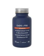 Blue supplement bottle labeled CoQ10 + PAQ on a white background