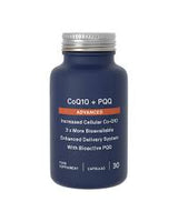 Blue supplement bottle labeled CoQ10 + PAQ on a white background