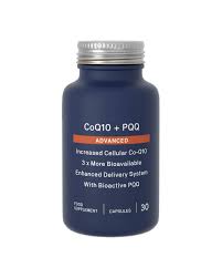 Blue supplement bottle labeled CoQ10 + PAQ on a white background