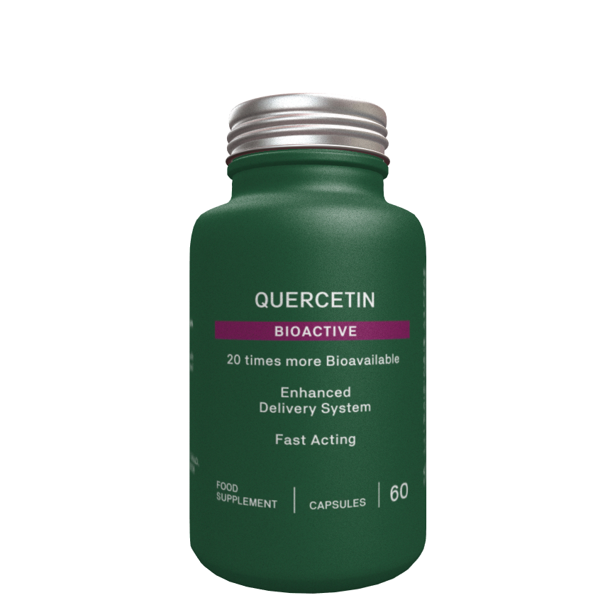 Quercetin Bioactive supplement in a matte green bottle with a silver cap on a black background.