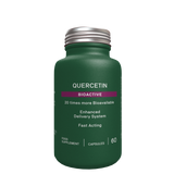 Quercetin Bioactive supplement in a matte green bottle with a silver cap on a black background.