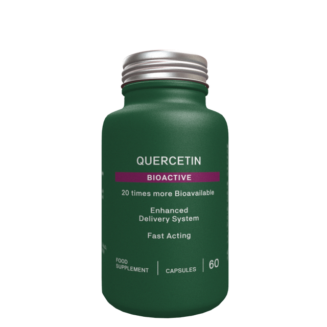 Quercetin Bioactive supplement in a matte green bottle with a silver cap on a black background.