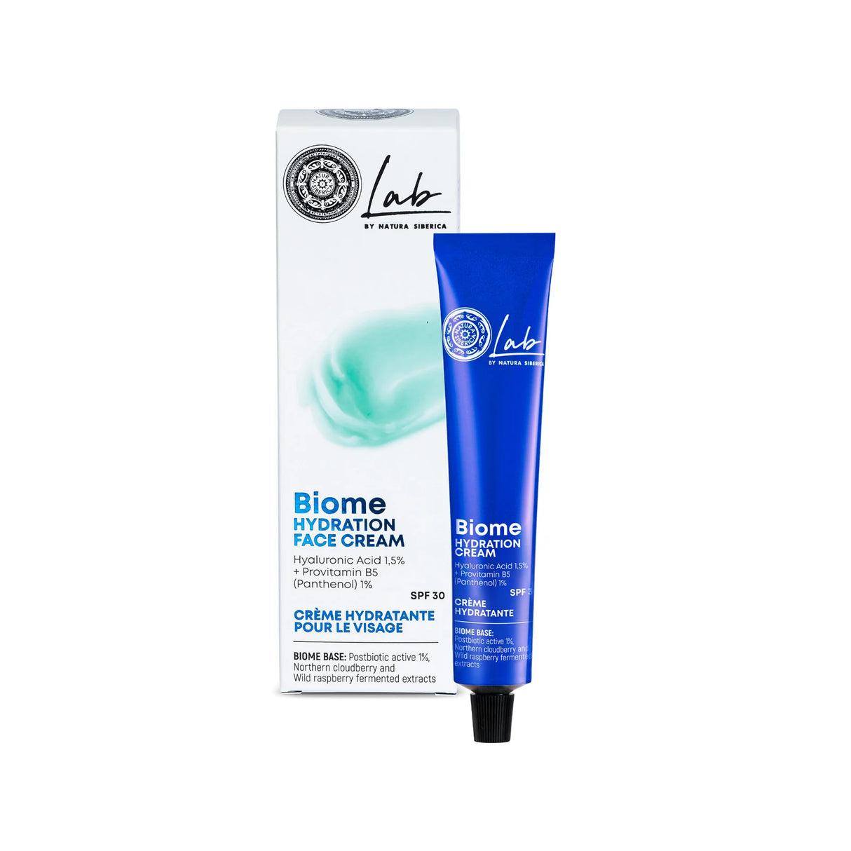 Natura Siberica Lab Biome Hydration Face Cream with SPF 30, Hyaluronic Acid, and Provitamin B5.