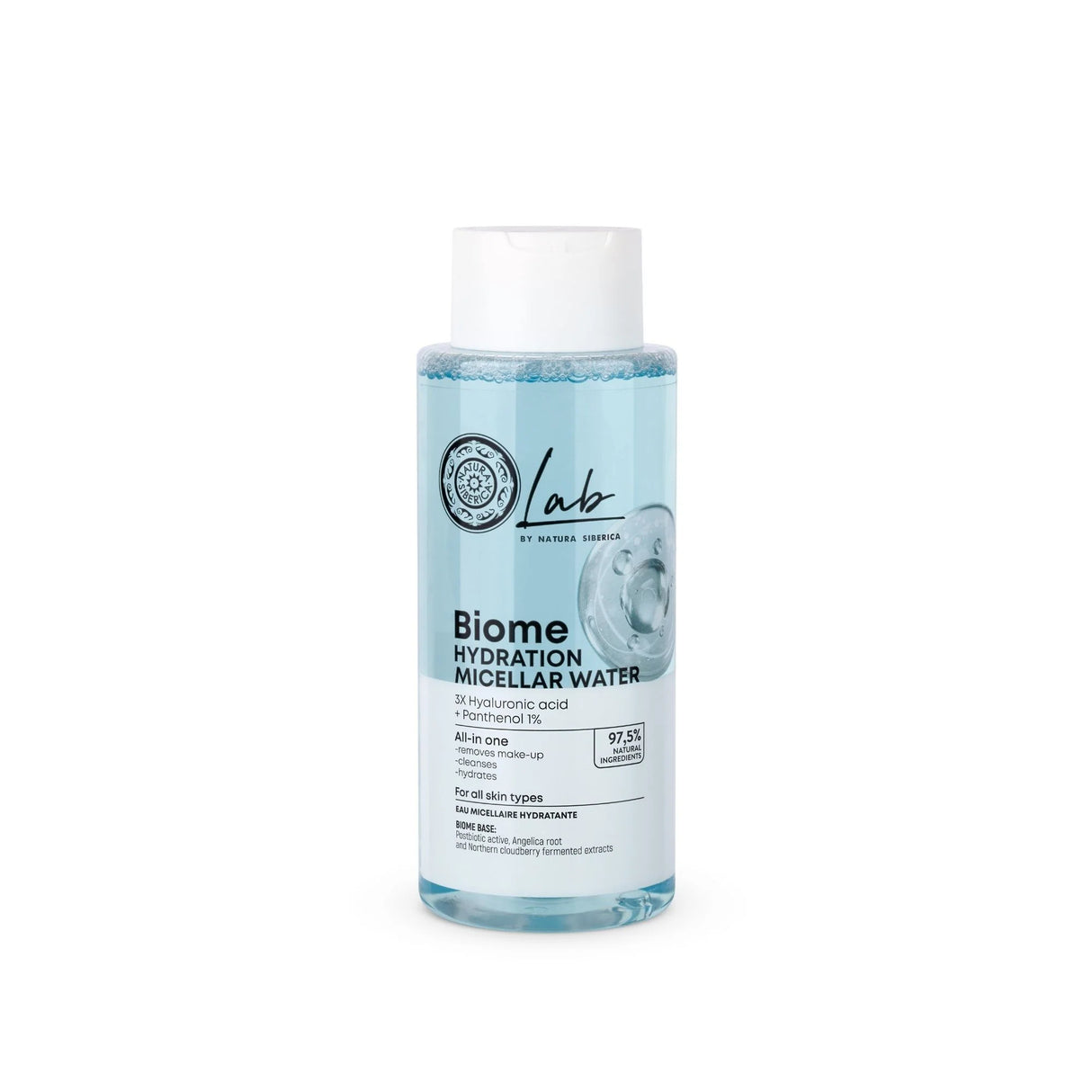 Lab by Natura Siberica Biome Hydration Micellar Water, an all-in-one cleanser with 3X Hyaluronic acid and 1% Panthenol for all skin types.