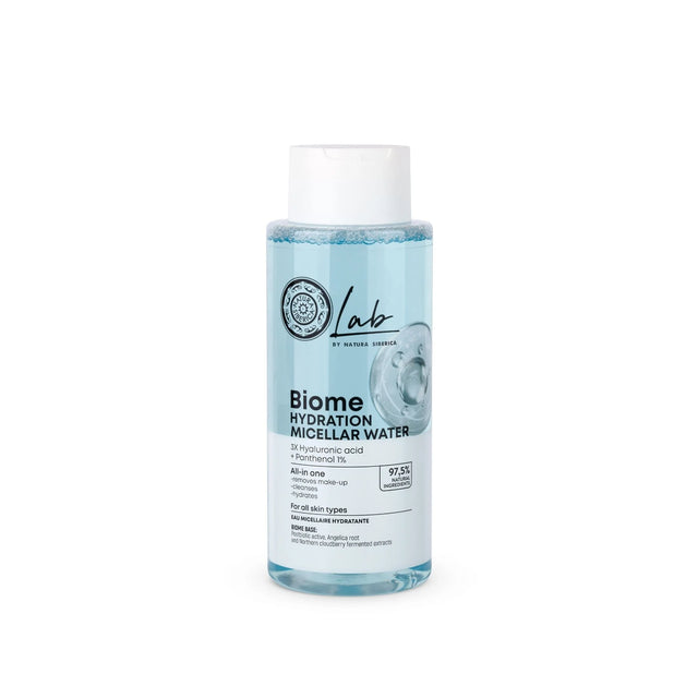 Lab by Natura Siberica Biome Hydration Micellar Water, an all-in-one cleanser with 3X Hyaluronic acid and 1% Panthenol for all skin types.