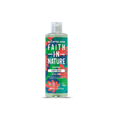 Bottle of "Faith in Nature" Aloe Vera body wash with a bold, green and red floral design on a black background. Labels emphasize natural origin.