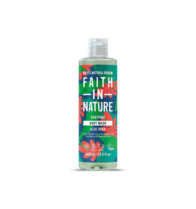 Bottle of "Faith in Nature" Aloe Vera body wash with a bold, green and red floral design on a black background. Labels emphasize natural origin.