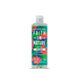 Bottle of "Faith in Nature" Aloe Vera body wash with a bold, green and red floral design on a black background. Labels emphasize natural origin.
