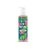 Clear bottle of Faith in Nature Rejuvenating Hand Wash, dragon fruit scent, with vibrant pink and green leaf design, highlighting its natural origin.