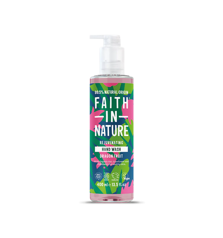 Clear bottle of Faith in Nature Rejuvenating Hand Wash, dragon fruit scent, with vibrant pink and green leaf design, highlighting its natural origin.
