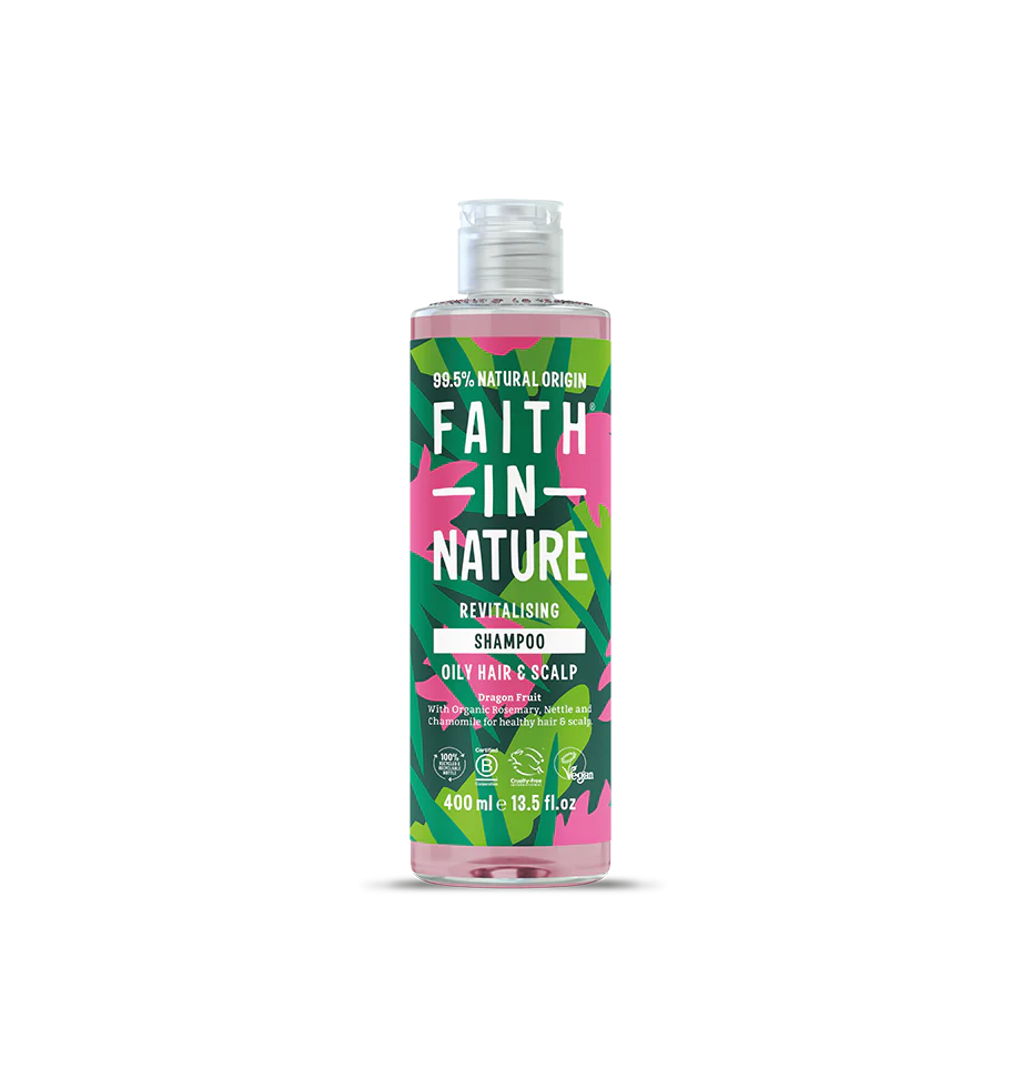 Bottle of "Faith in Nature" revitalising shampoo for oily hair. Features vibrant green and pink leaf patterns, emphasizing natural origins.