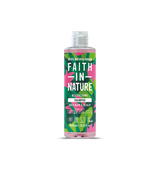 Bottle of "Faith in Nature" revitalising shampoo for oily hair. Features vibrant green and pink leaf patterns, emphasizing natural origins.