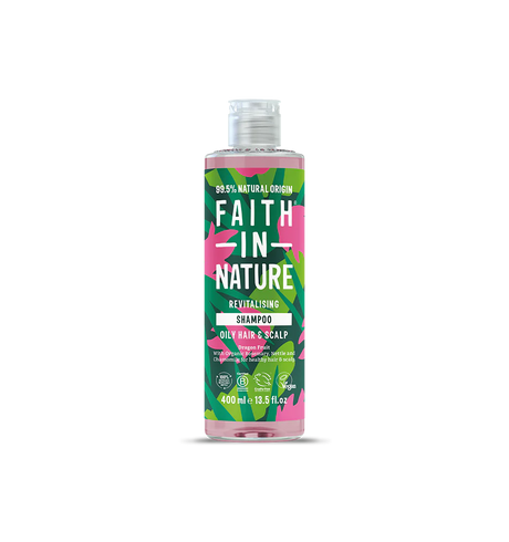 Bottle of "Faith in Nature" revitalising shampoo for oily hair. Features vibrant green and pink leaf patterns, emphasizing natural origins.