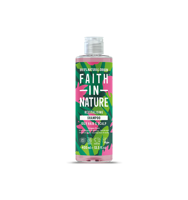 Bottle of "Faith in Nature" revitalising shampoo for oily hair. Features vibrant green and pink leaf patterns, emphasizing natural origins.