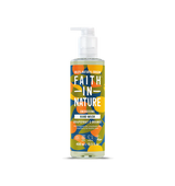 Brightly colored bottle of "Faith in Nature" hand wash with a pump, featuring bold text and abstract floral patterns. Grapefruit and orange scent.