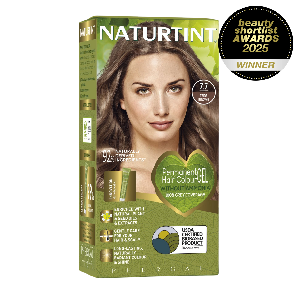 Naturtint Permanent Hair Colour Gel in 7.7 Teide Brown, featuring 100% grey coverage and an ammonia-free formula, recognized as a Beauty Shortlist Awards 2025 winner.