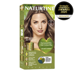 Naturtint Permanent Hair Colour Gel in 7.7 Teide Brown, featuring 100% grey coverage and an ammonia-free formula, recognized as a Beauty Shortlist Awards 2025 winner.