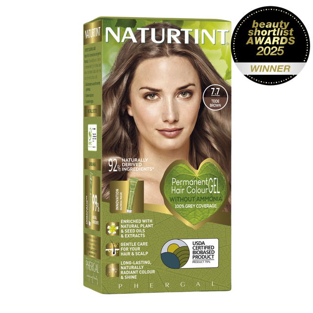 Naturtint Permanent Hair Colour Gel in 7.7 Teide Brown, featuring 100% grey coverage and an ammonia-free formula, recognized as a Beauty Shortlist Awards 2025 winner.