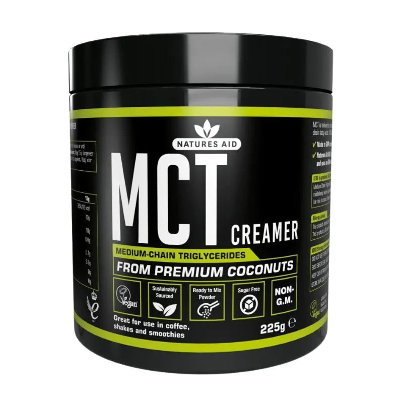 Natures Aid MCT Creamer, a 225g sugar-free, vegan, and non-GM powder sourced from premium coconuts for coffee and smoothies.