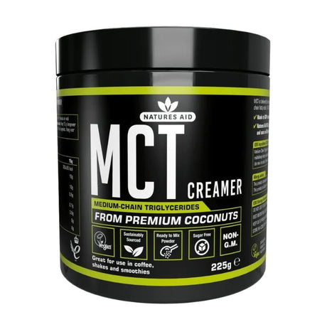 Natures Aid MCT Creamer, a 225g sugar-free, vegan, and non-GM powder sourced from premium coconuts for coffee and smoothies.