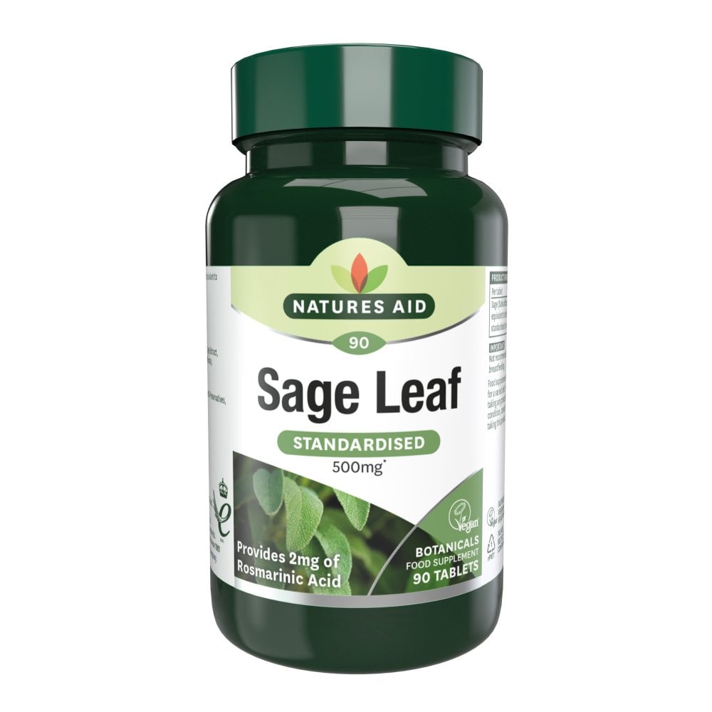 Natures Aid Sage Leaf 500mg, a vegan-friendly food supplement provided in a 90-tablet pack for daily support.