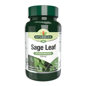 Natures Aid Sage Leaf 500mg, a vegan-friendly food supplement provided in a 90-tablet pack for daily support.