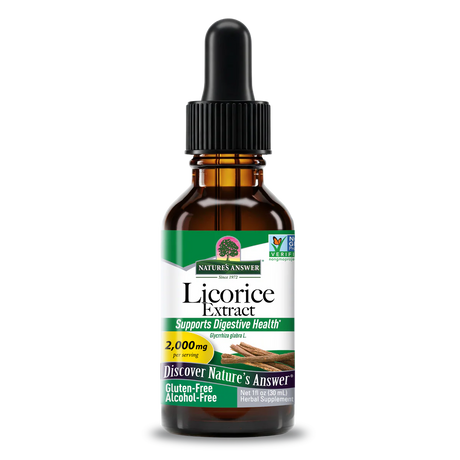 Nature's Answer gluten-free and alcohol-free Licorice Extract dropper bottle on a white background.