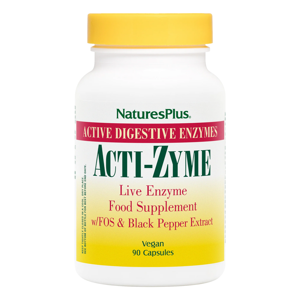 Nature's Plus Acti-Zyme digestive aid vegan capsules with activated enzymes for bloating and nutrient absorption support.