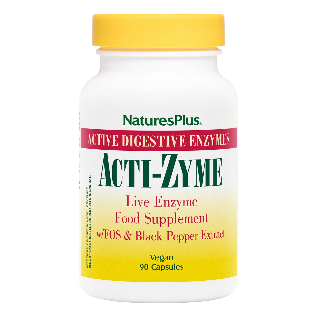 Nature's Plus Acti-Zyme digestive aid vegan capsules with activated enzymes for bloating and nutrient absorption support.