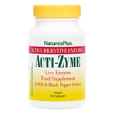 Nature's Plus Acti-Zyme digestive aid vegan capsules with activated enzymes for bloating and nutrient absorption support.