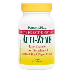 Nature's Plus Acti-Zyme digestive aid vegan capsules with activated enzymes for bloating and nutrient absorption support.