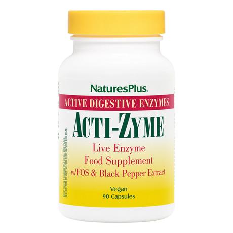 Nature's Plus Acti-Zyme digestive aid vegan capsules with activated enzymes for bloating and nutrient absorption support.