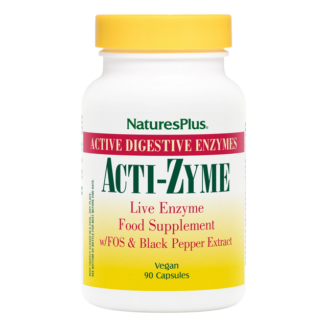 Nature's Plus Acti-Zyme digestive aid vegan capsules with activated enzymes for bloating and nutrient absorption support.