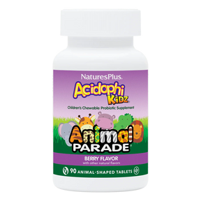 Nature's Plus Animal Parade AcidophiKidz children's chewable probiotic 90 tablets berry flavour for digestive and immune support.
