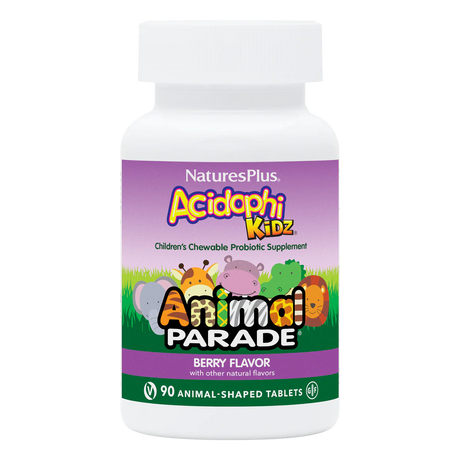 Nature's Plus Animal Parade AcidophiKidz children's chewable probiotic 90 tablets berry flavour for digestive and immune support.