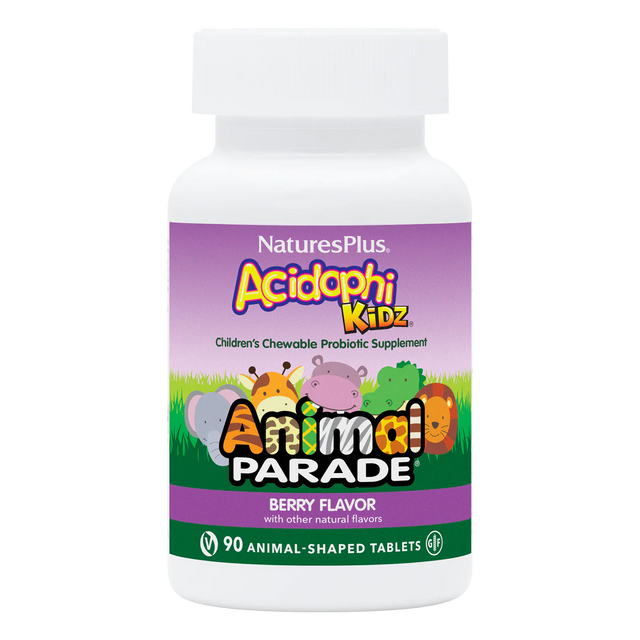 Nature's Plus Animal Parade AcidophiKidz children's chewable probiotic 90 tablets berry flavour for digestive and immune support.