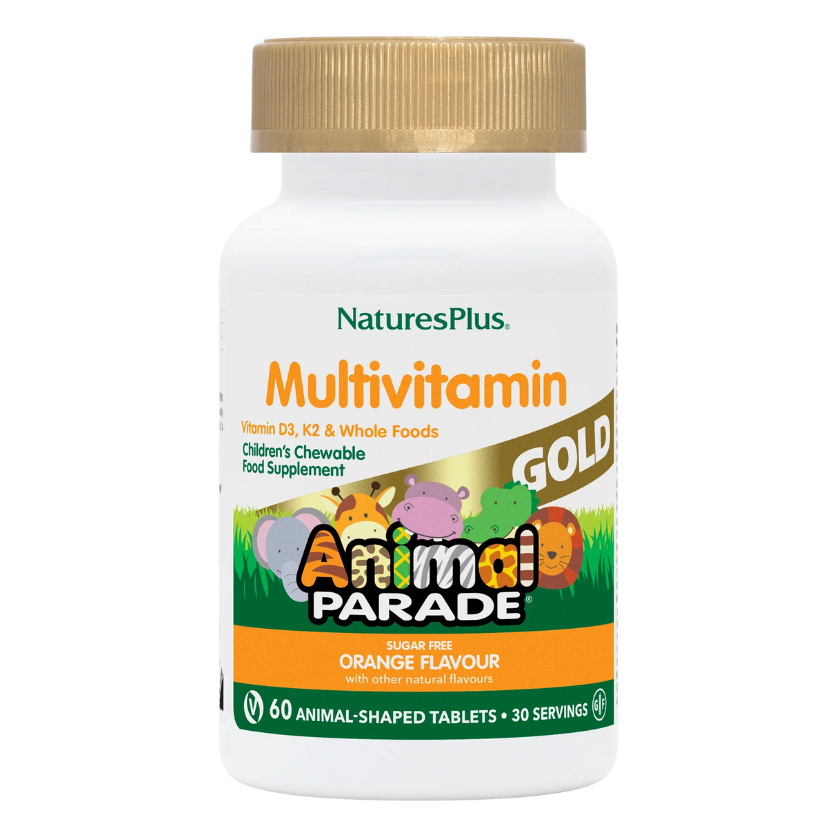 Nature's Plus Animal Parade Gold children's chewable multivitamin 120 orange tablets with probiotics and Vitamin K2 for immune and bone support.