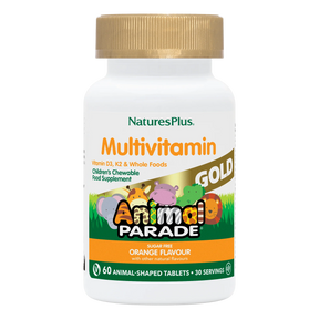 Nature's Plus Animal Parade Gold children's chewable multivitamin 120 orange tablets with probiotics and Vitamin K2 for immune and bone support.