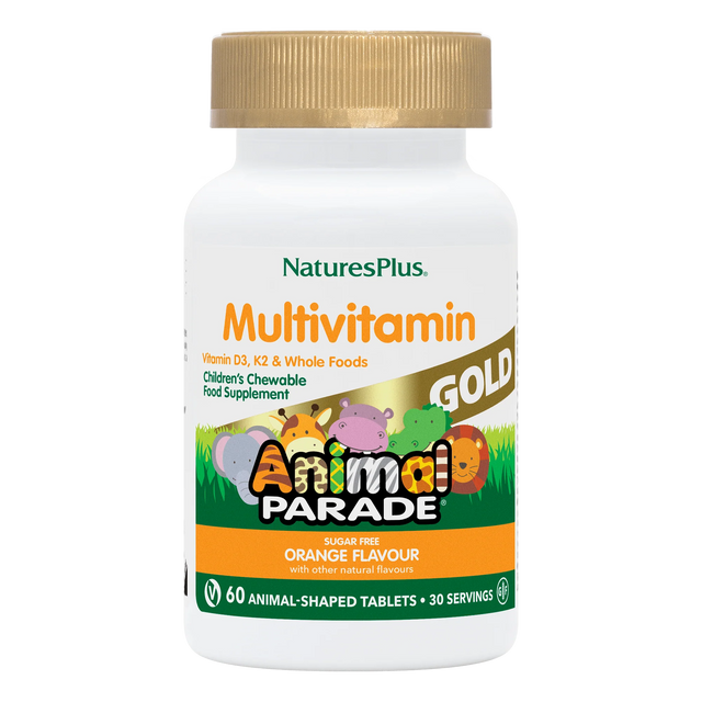 Nature's Plus Animal Parade Gold children's chewable multivitamin 120 orange tablets with probiotics and Vitamin K2 for immune and bone support.