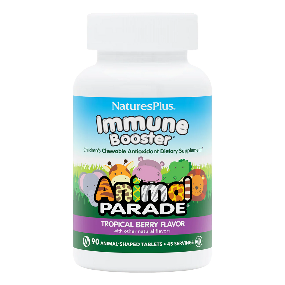 Nature's Plus Animal Parade Immune Booster children's chewable 90 tablets tropical berry flavour with Elderberry and Zinc for immune support.