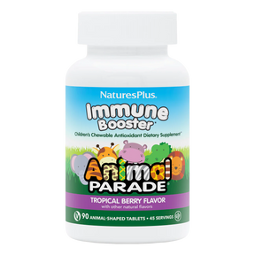 Nature's Plus Animal Parade Immune Booster children's chewable 90 tablets tropical berry flavour with Elderberry and Zinc for immune support.