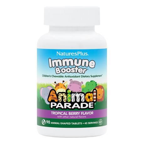 Nature's Plus Animal Parade Immune Booster children's chewable 90 tablets tropical berry flavour with Elderberry and Zinc for immune support.