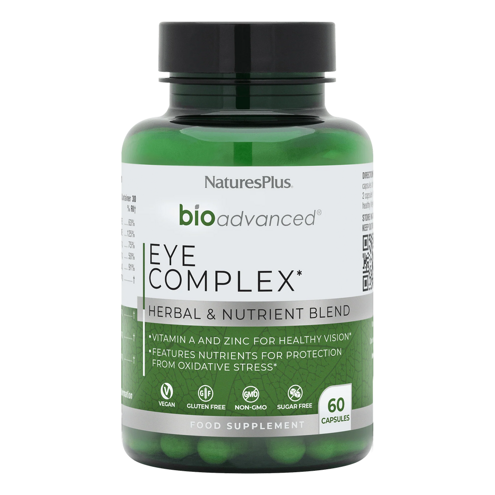 Nature's Plus BioAdvanced Eye Complex 60 vegan capsules with Lutein Zeaxanthin and Bilberry for vision and blue light support.